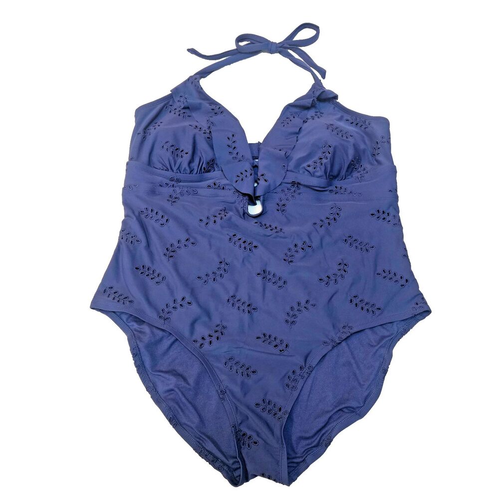NWT Time & Tru 1 Piece Swimsuit Women 2XL Eyelet Navy Blue Summer Beach Cruise